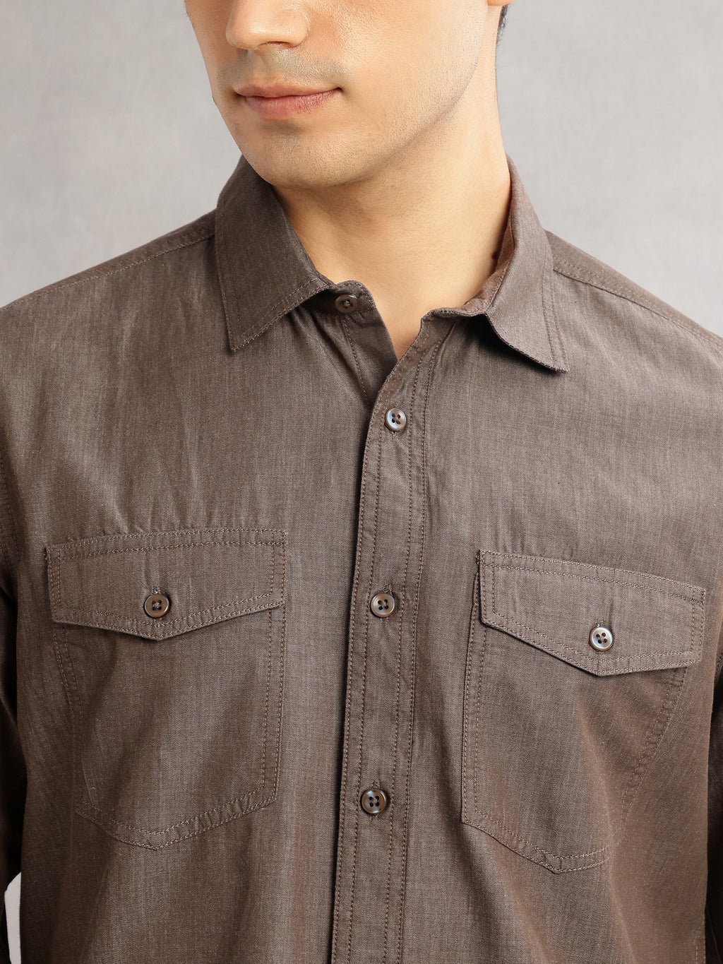 Thomas Scott Men Brown Slim Fit Long Sleeves Spread Collar Chambray 100% Cotton Casual Shirt