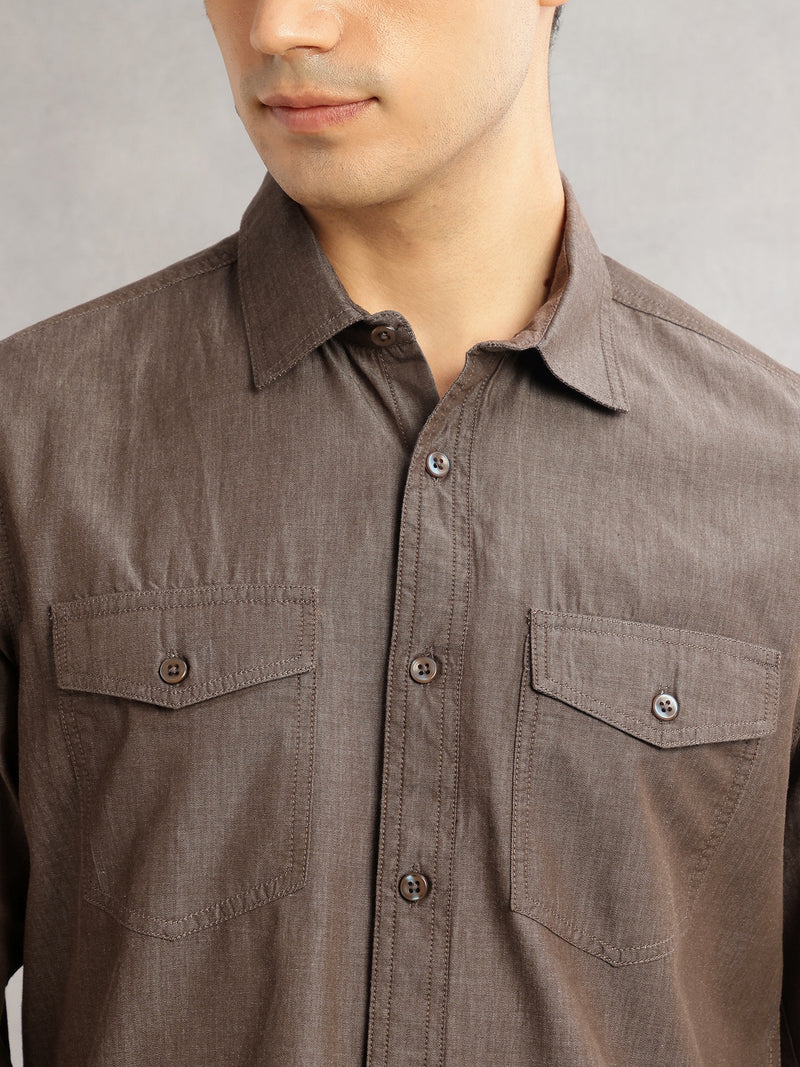 Thomas Scott Men Brown Slim Fit Long Sleeves Spread Collar Chambray 100% Cotton Casual Shirt