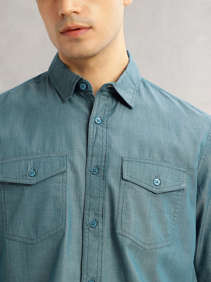 Thomas Scott Men Green Slim Fit Long Sleeves Spread Collar Chambray 100% Cotton Casual Shirt