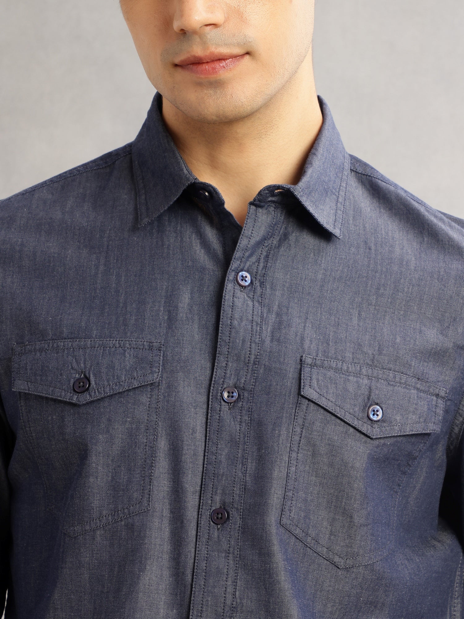 Thomas Scott Men Navy Slim Fit Long Sleeves Spread Collar Chambray 100% Cotton Casual Shirt
