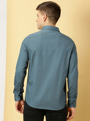 Thomas Scott Men Teal Slim Fit Long Sleeves Spread Collar 100% Cotton Flannel Casual Shirt