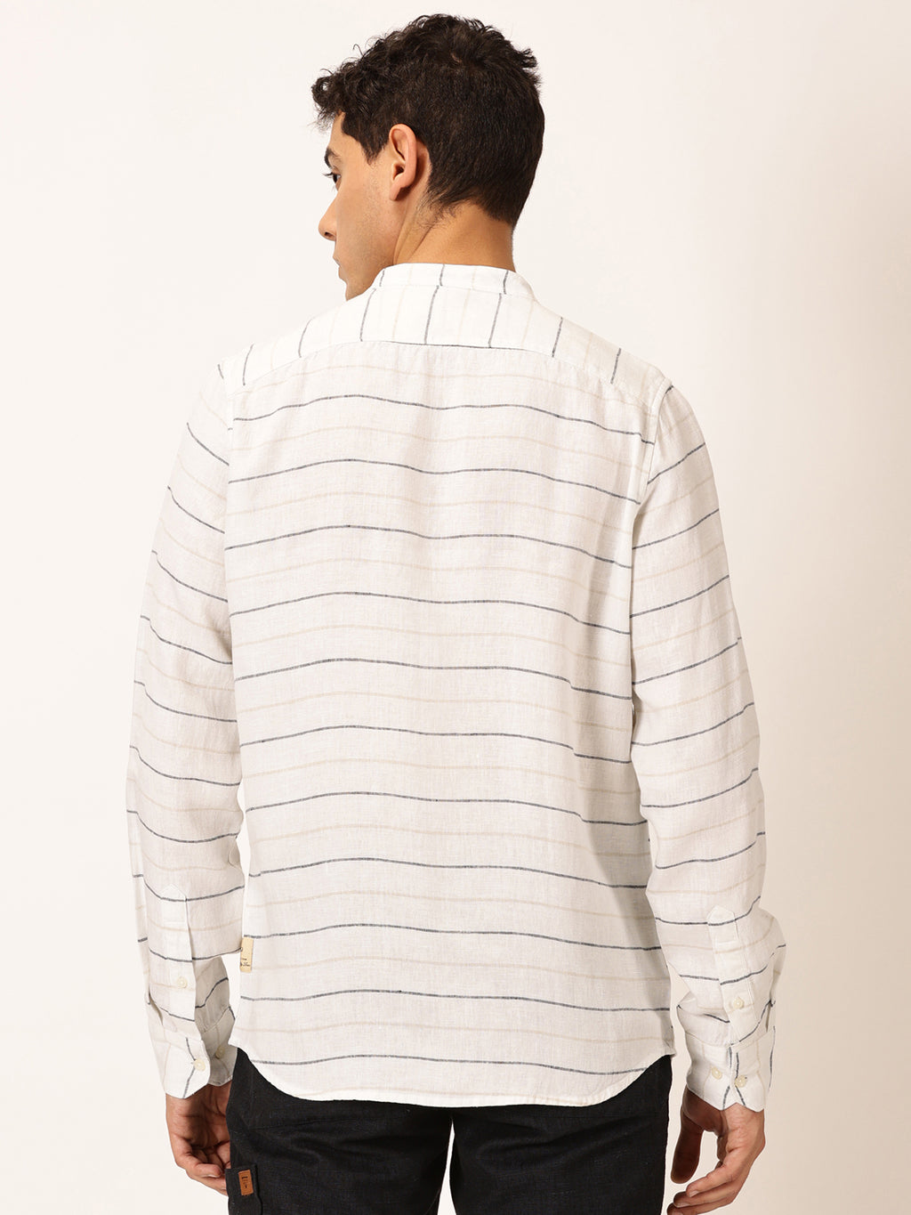 Thomas Scott Men Cream Slim Fit Long Sleeves Horizontal Stripes Linen Casual Shirt