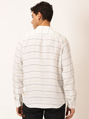 Thomas Scott Men Cream Slim Fit Long Sleeves Horizontal Stripes Linen Casual Shirt