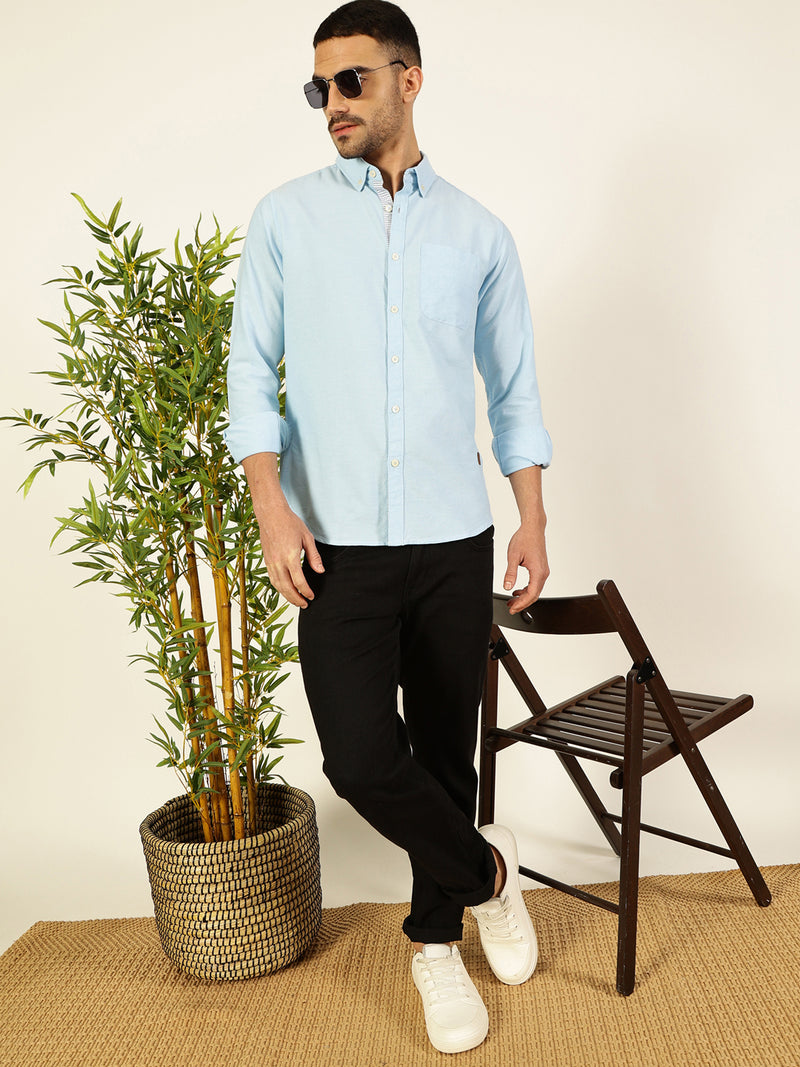 Thomas Scott Men Light Blue Slim Fit Long Sleeves Button-Down Collar 100% Cotton Casual Shirt