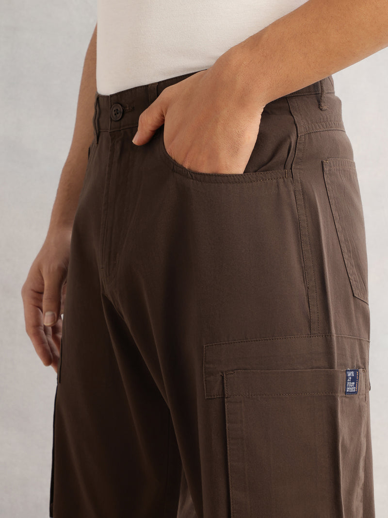 Thomas Scott Men Dark Brown Cricket Club Straight Fit Mid-Rise Solid 100% Cotton Woven Cargo Trouser
