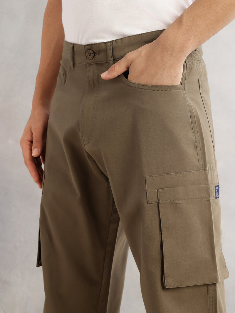 Thomas Scott Men Olive Cricket Club Straight Fit Mid-Rise Solid 100% Cotton Woven Cargo Trouser