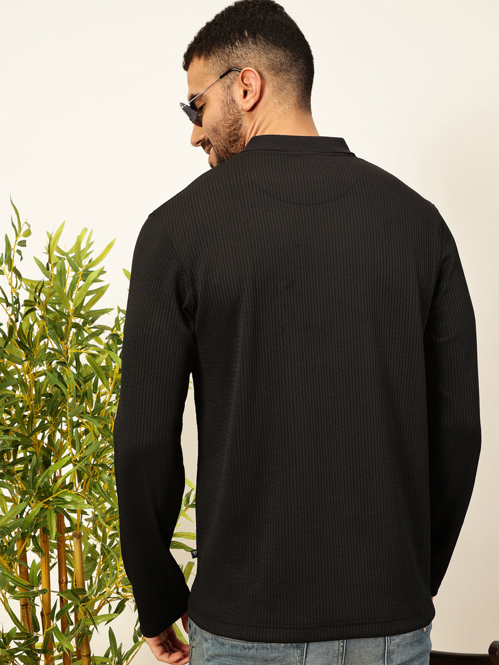 Thomas Scott Men Black Regular Fit Long Sleeves Pinstripes Polo Collar Knitted Tshirt