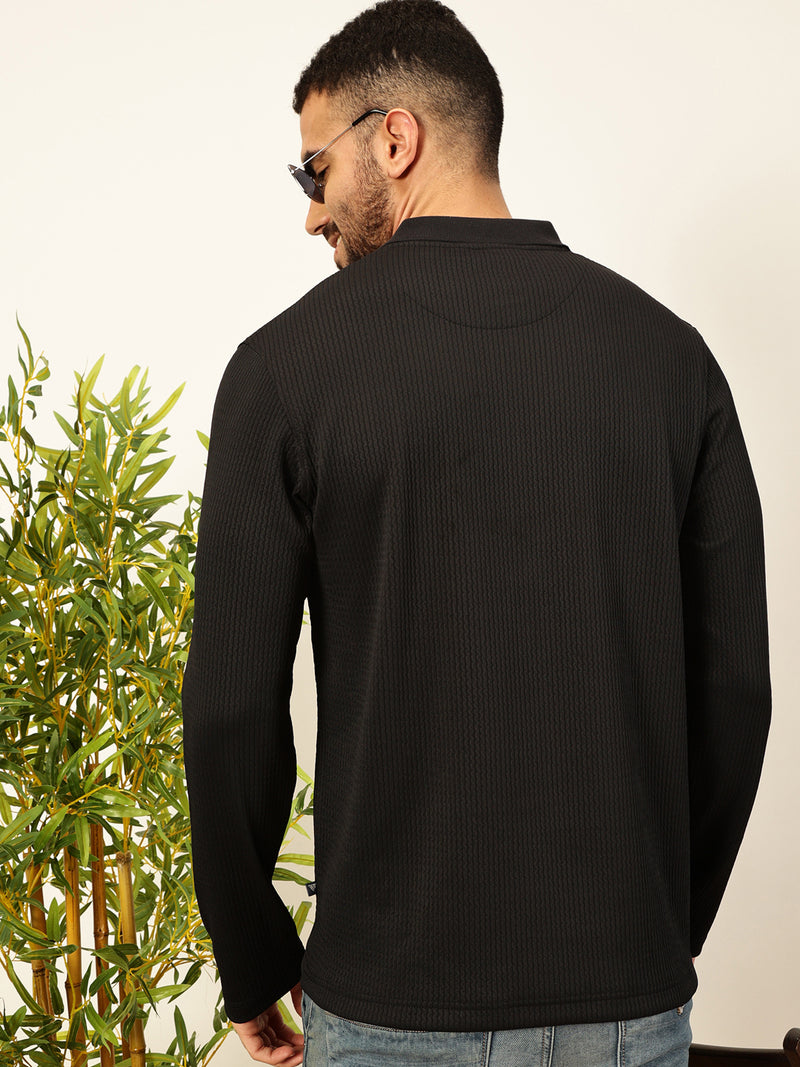 Thomas Scott Men Black Regular Fit Long Sleeves Pinstripes Polo Collar Knitted Tshirt