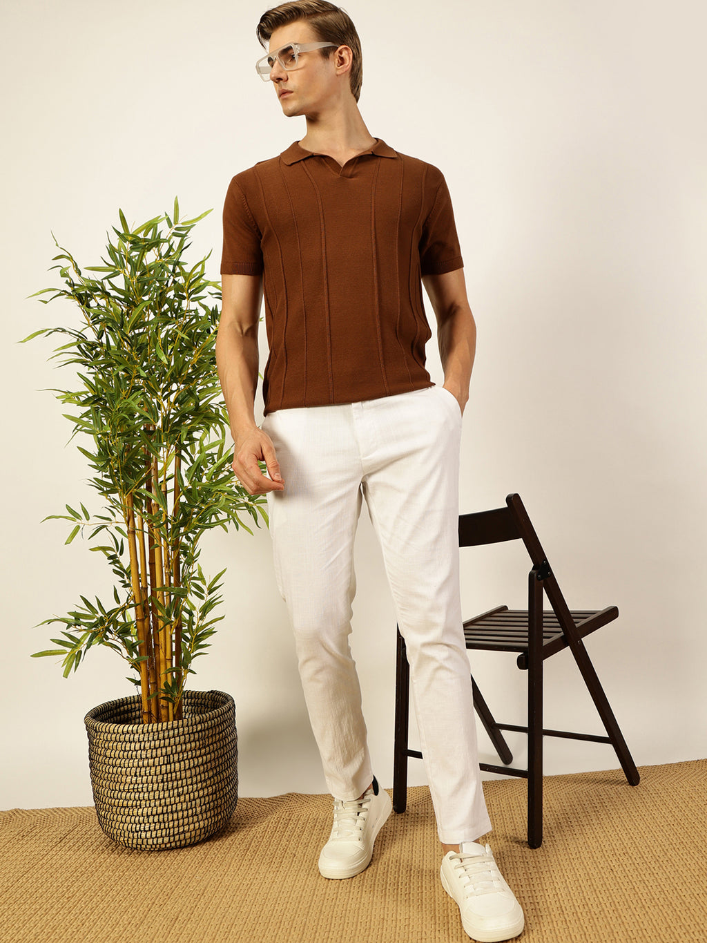 Thomas Scott Men Brown Regular Fit Short Sleeves Striped 100% Cotton Knitted Polo Collar T-shirt