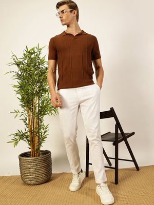 Thomas Scott Men Brown Regular Fit Short Sleeves Striped 100% Cotton Knitted Polo Collar T-shirt