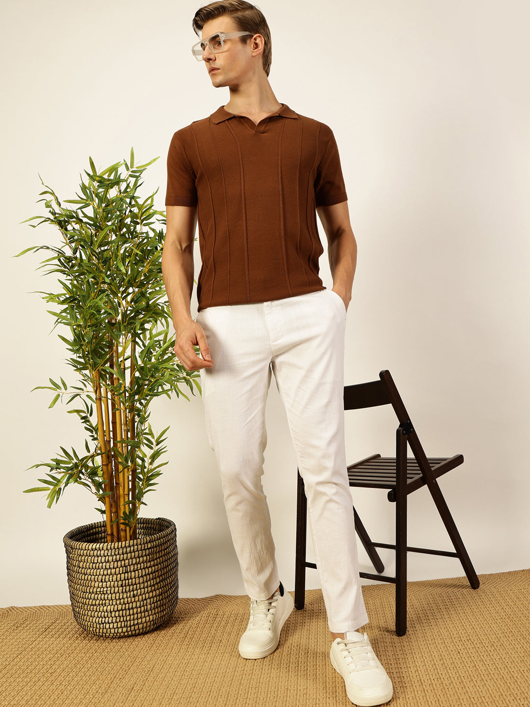 Thomas Scott Men Brown Regular Fit Short Sleeves Striped 100% Cotton Knitted Polo Collar T-shirt