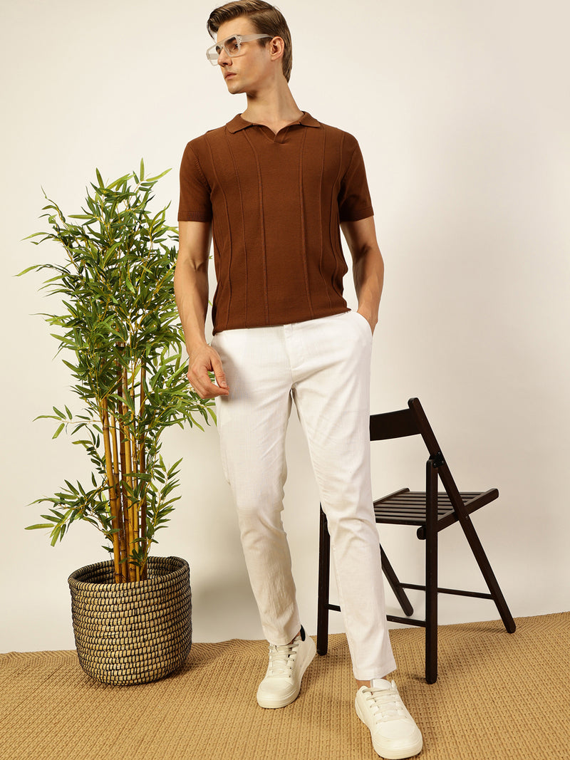 Thomas Scott Men Brown Regular Fit Short Sleeves Striped 100% Cotton Knitted Polo Collar T-shirt