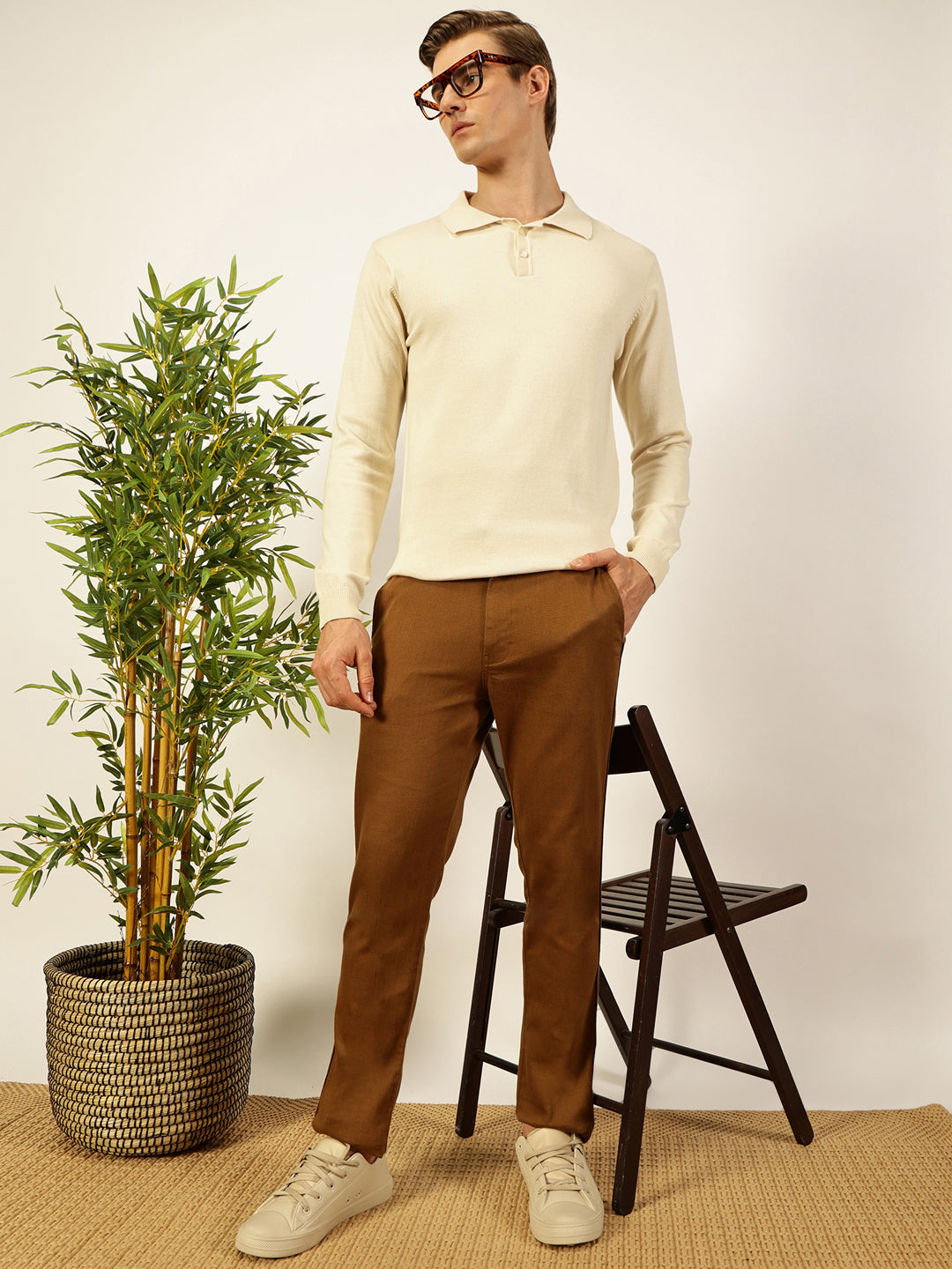Thomas Scott Men Off White Regular Fit Long Sleeves Solid 100% Cotton Knitted Polo Collar T-shirt