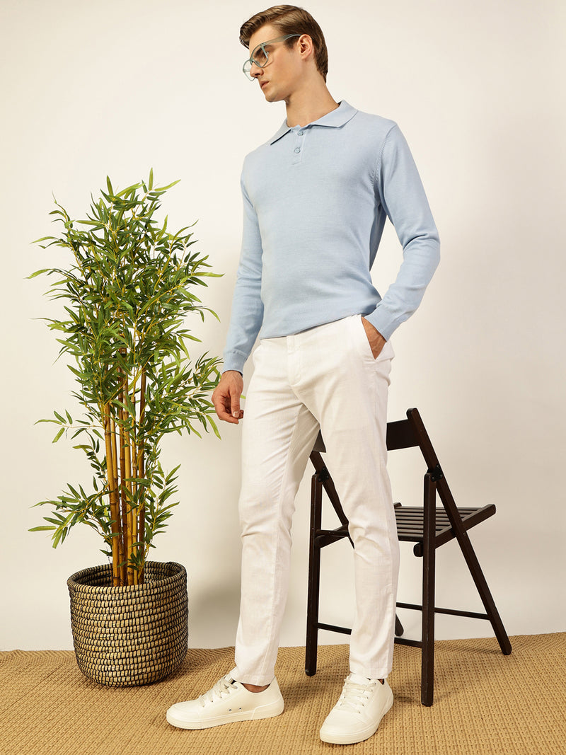 Thomas Scott Men Sky Blue Regular Fit Long Sleeves Solid 100% Cotton Knitted Polo Collar T-shirt