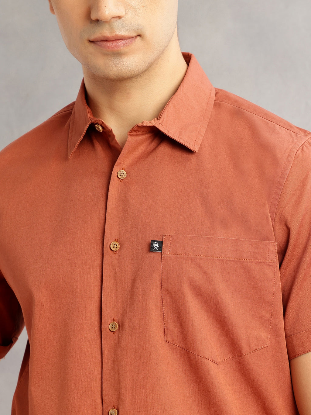 Thomas Scott Men Rust Premium Slim Fit Short Sleeves Spread Collar Solid 100% Cotton Casual Shirt