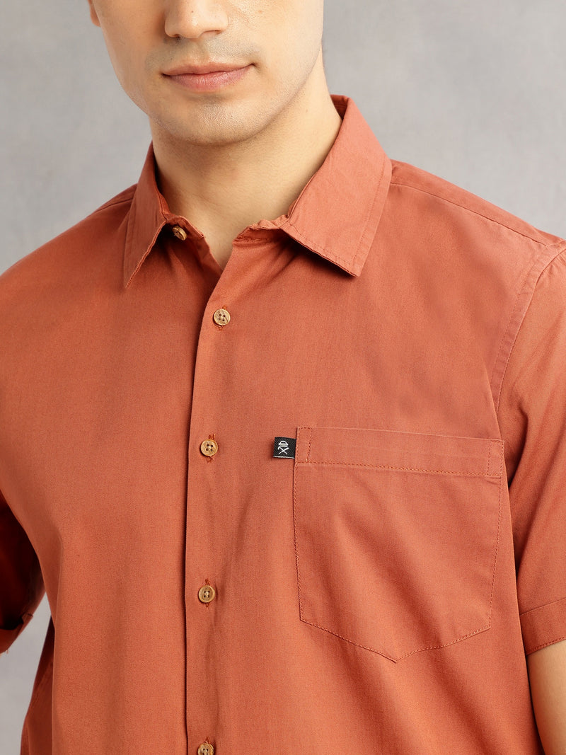 Thomas Scott Men Rust Premium Slim Fit Short Sleeves Spread Collar Solid 100% Cotton Casual Shirt