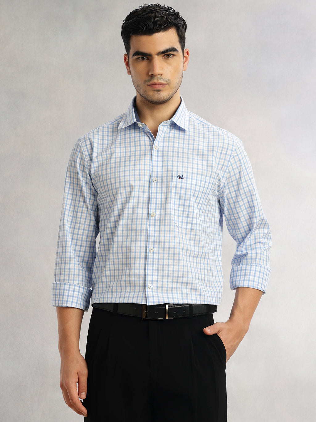 Thomas Scott Men Blue Regular Fit Long Sleeves Spread Collar Grid Tattersall Checks 100% Cotton Formal Shirt