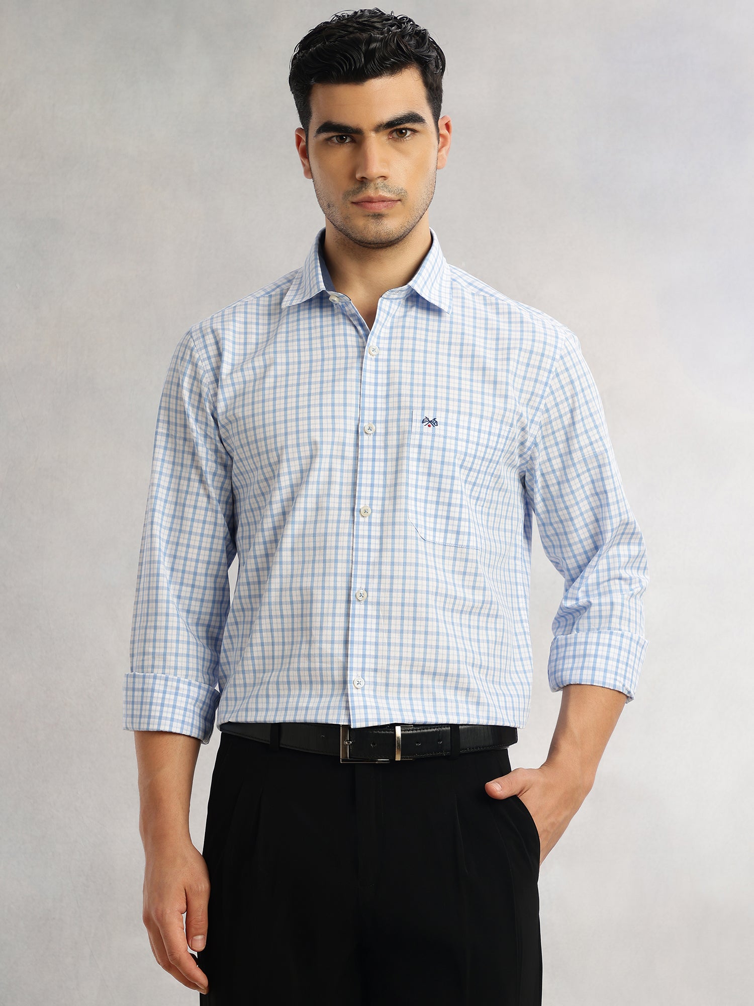 Thomas Scott Men Blue Regular Fit Long Sleeves Spread Collar Grid Tattersall Checks 100% Cotton Formal Shirt