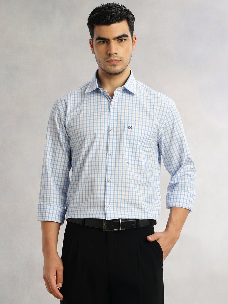 Thomas Scott Men Blue Regular Fit Long Sleeves Spread Collar Grid Tattersall Checks 100% Cotton Formal Shirt