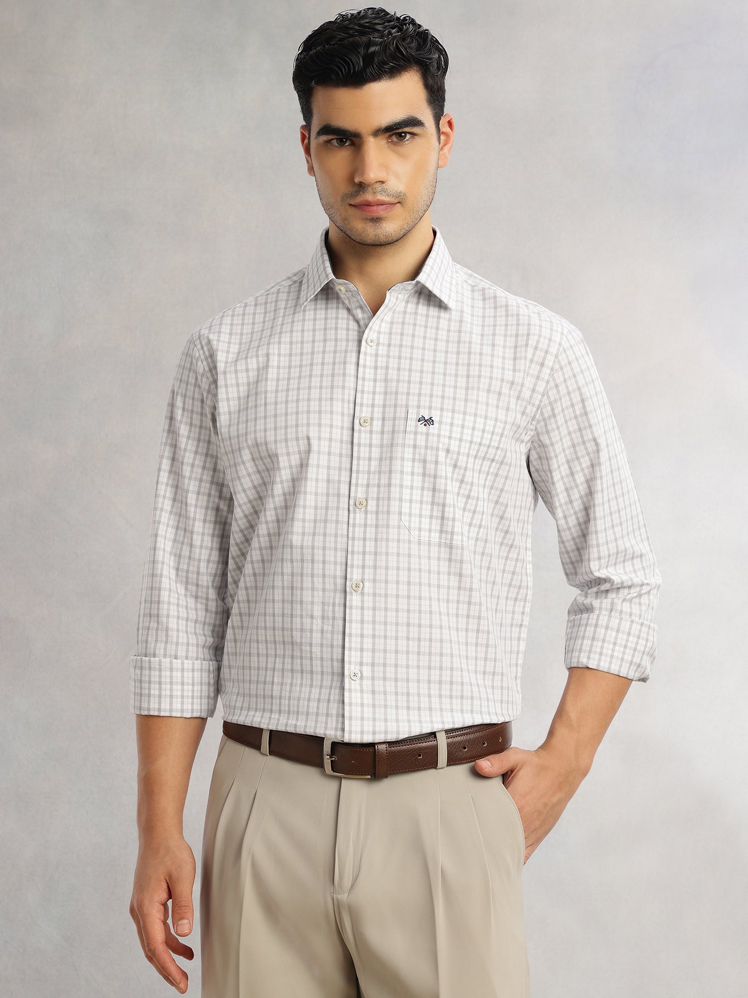 Thomas Scott Men Grey Regular Fit Long Sleeves Spread Collar Grid Tattersall Checks 100% Cotton Formal Shirt
