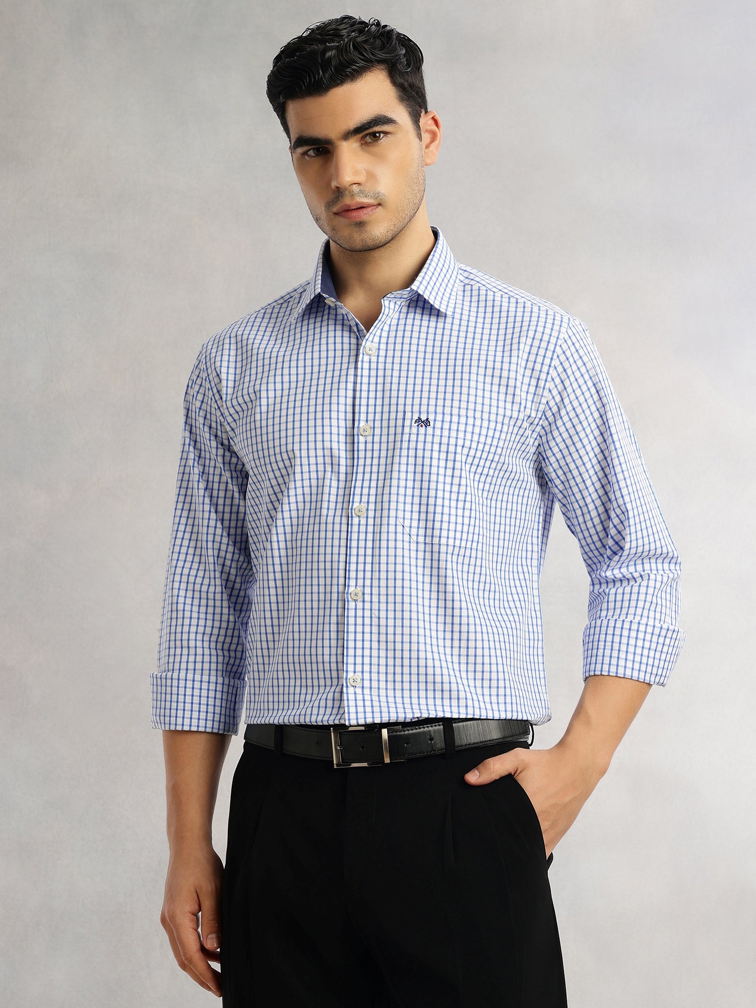 Thomas Scott Men Navy Regular Fit Long Sleeves Spread Collar Micro Checks 100% Cotton Formal Shirt