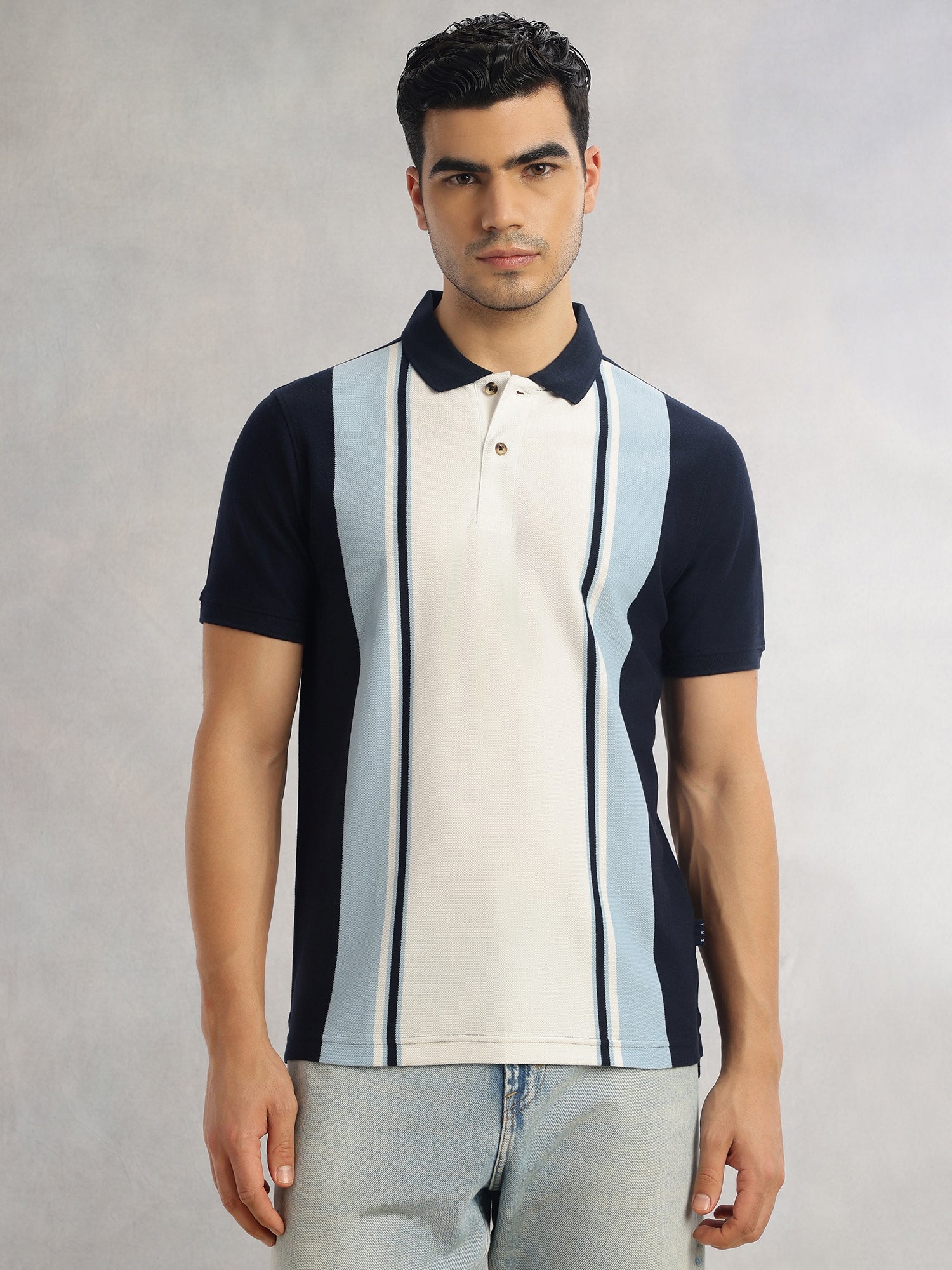 Thomas Scott Men Navy Regular Fit Short Sleeves Striped Cotton Polyester Knitted Polo Collar Tshirt