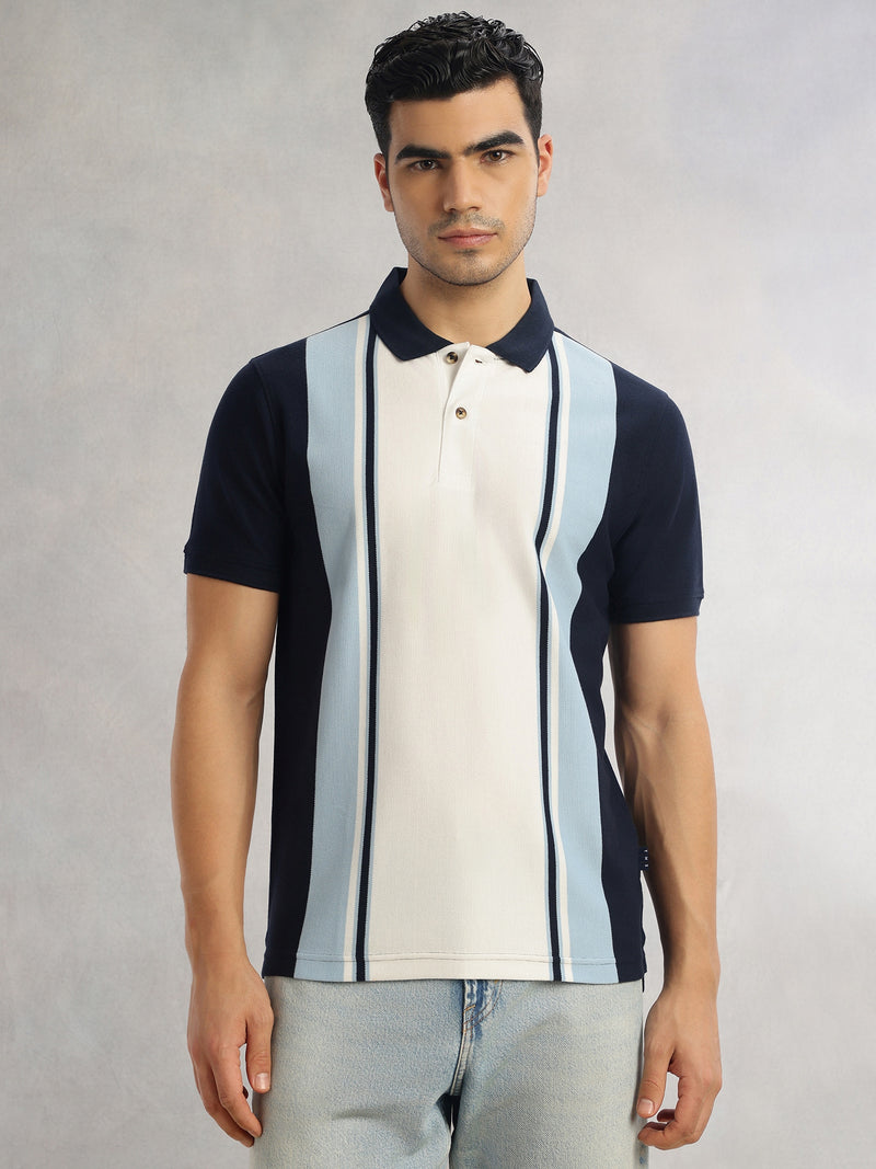 Thomas Scott Men Navy Regular Fit Short Sleeves Striped Cotton Polyester Knitted Polo Collar Tshirt