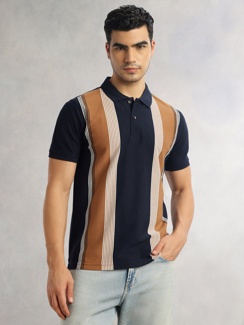 Thomas Scott Men Navy Regular Fit Short Sleeves Striped Cotton Polyester Knitted Polo Collar Tshirt