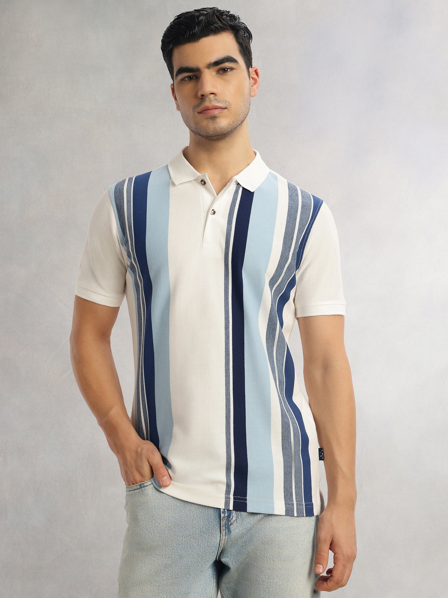 Thomas Scott Men Steel Blue Regular Fit Short Sleeves Striped Cotton Polyester Knitted Polo Collar Tshirt
