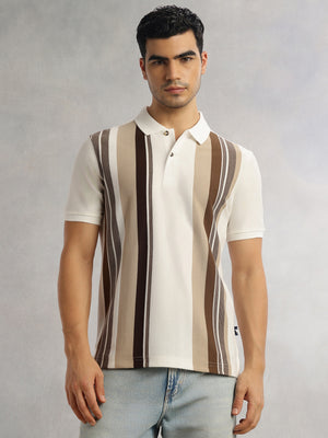 Thomas Scott Men Brown Regular Fit Short Sleeves Striped Cotton Polyester Knitted Polo Collar Tshirt