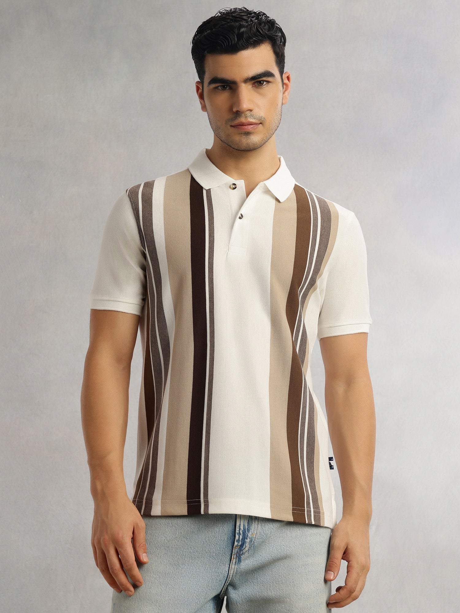 Thomas Scott Men Brown Regular Fit Short Sleeves Striped Cotton Polyester Knitted Polo Collar Tshirt