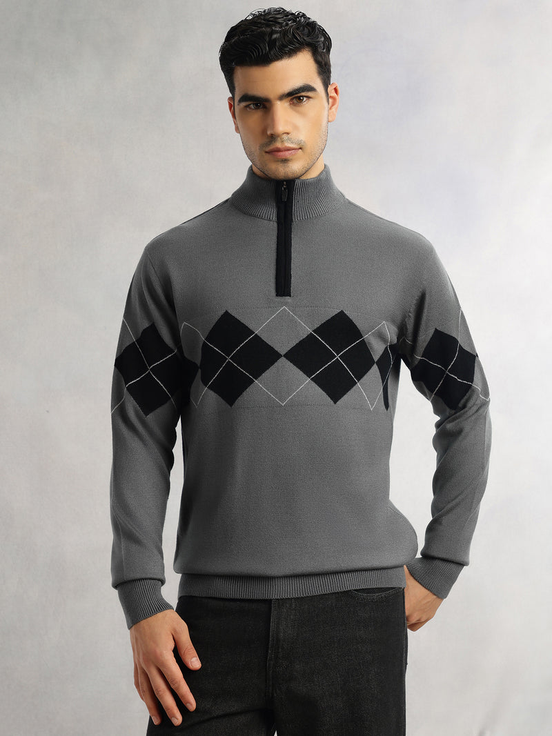Thomas Scott Men Grey Regular Fit Long Sleeves High Neck Self Design 100% Acrylic Knitted Pullover Sweatshirt