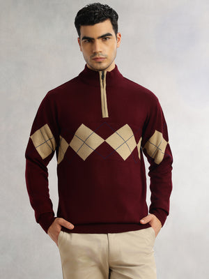 Thomas Scott Men Wine Regular Fit Long Sleeves High Neck Self Design 100% Acrylic Knitted Pullover Sweatshirt