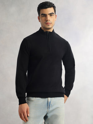 Thomas Scott Men Black Regular Fit Long Sleeves High Neck Solid Knitted Pullover Sweatshirt