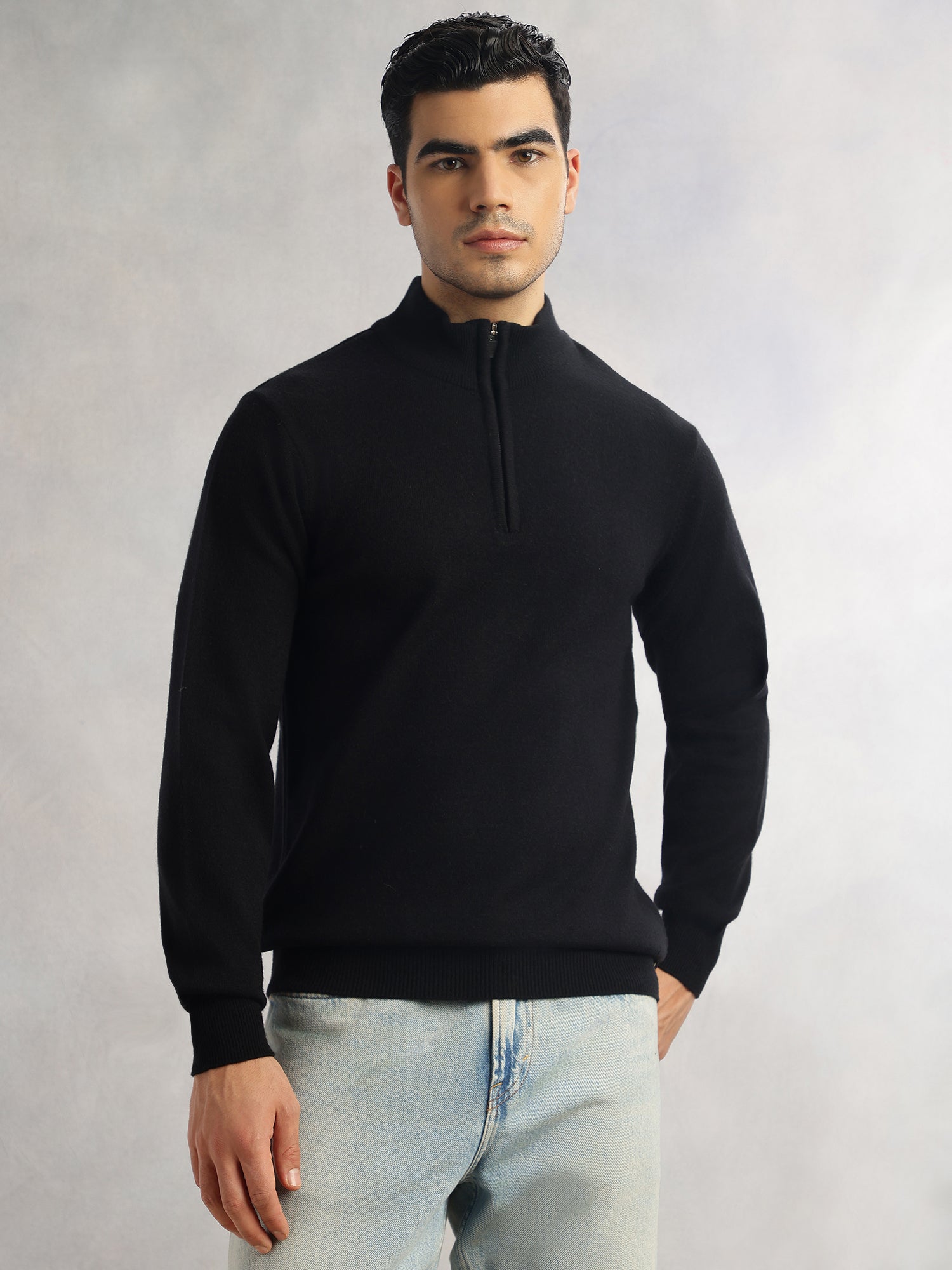 Thomas Scott Men Black Regular Fit Long Sleeves High Neck Solid Knitted Pullover Sweatshirt