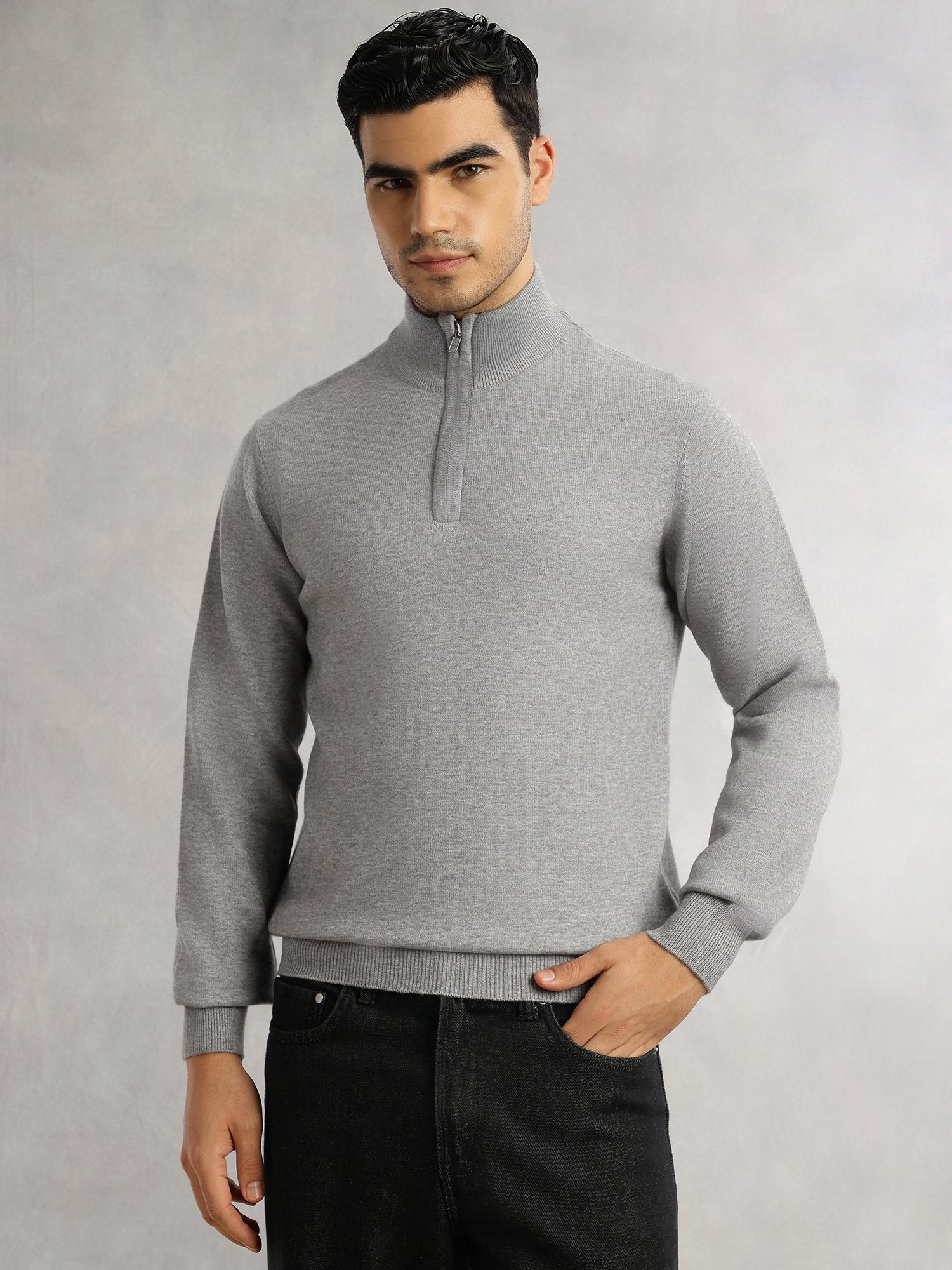 Thomas Scott Men Grey Regular Fit Long Sleeves High Neck Solid Knitted Pullover Sweatshirt