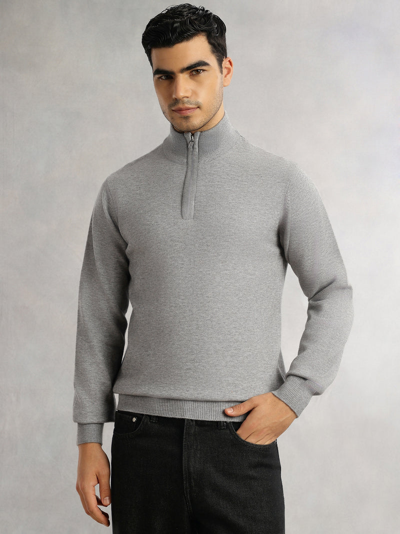 Thomas Scott Men Grey Regular Fit Long Sleeves High Neck Solid Knitted Pullover Sweatshirt