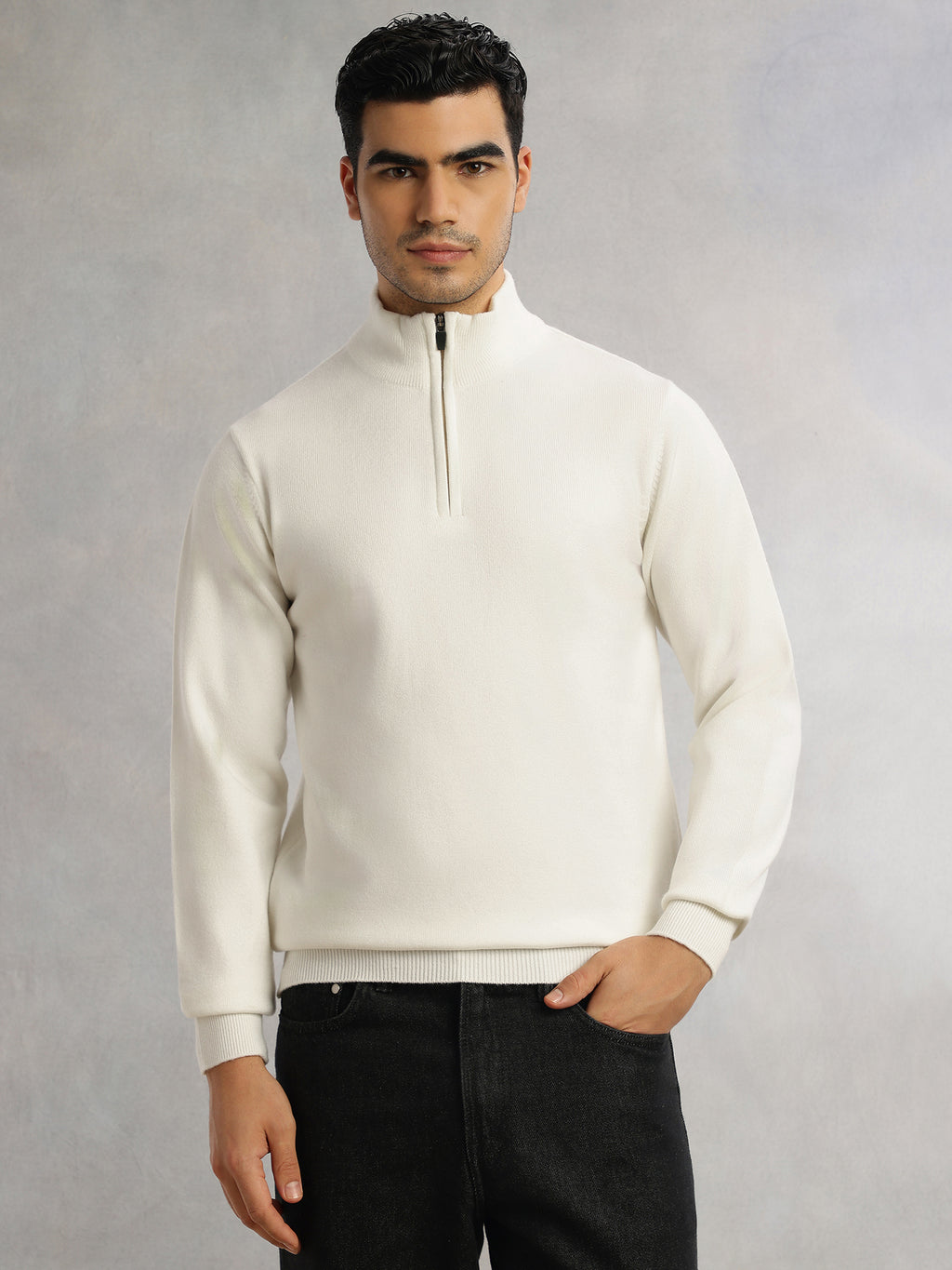 White Regular Fit Long Sleeves High Neck Solid Knitted Pullover Sweatshirt