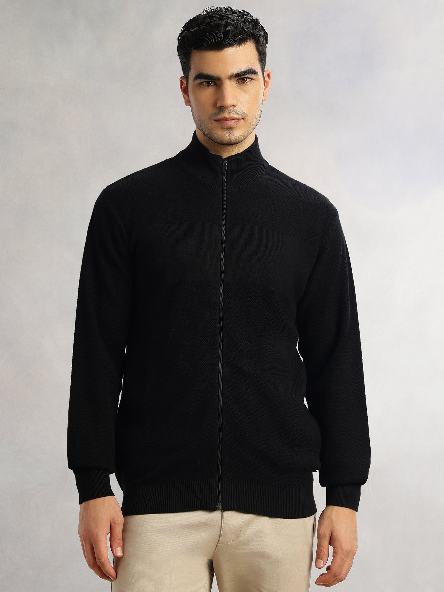 Thomas Scott Men Black Regular Fit Long Sleeves 100% Cotton Solid Front Open Knitted Sweatshirt