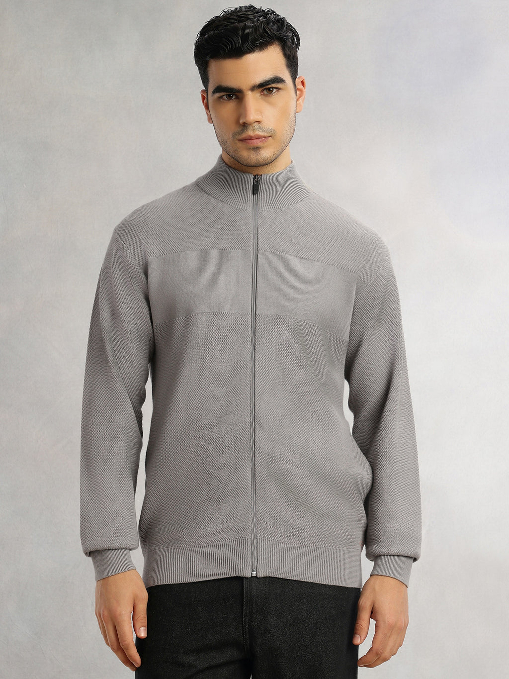 Thomas Scott Men Grey Regular Fit Long Sleeves 100% Cotton Solid Front Open Knitted Sweatshirt