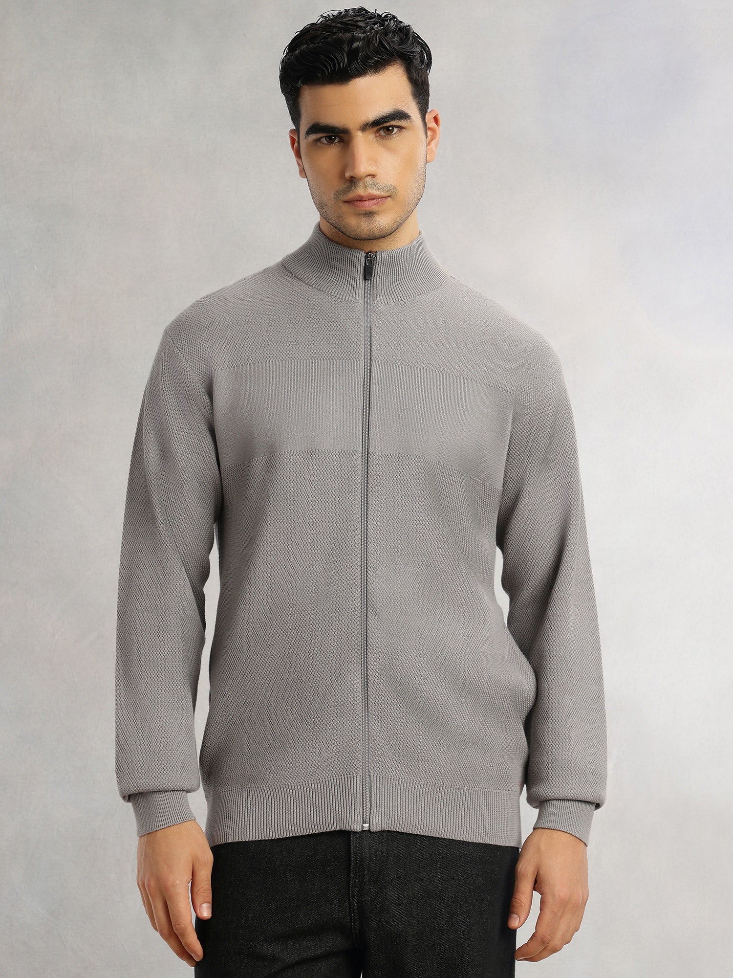 Thomas Scott Men Grey Regular Fit Long Sleeves 100% Cotton Solid Front Open Knitted Sweatshirt