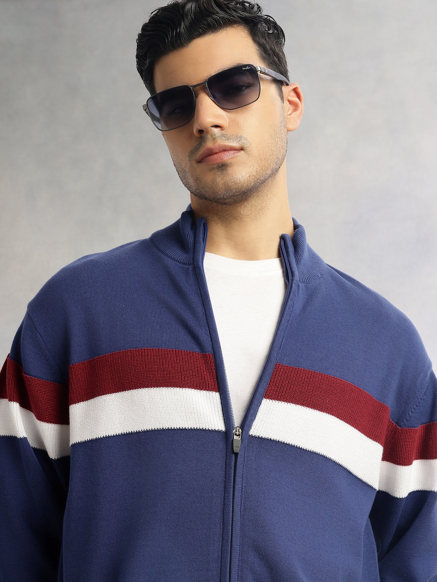 Thomas Scott Men Blue Regular Fit Long Sleeves High Neck Self Design 100% Cotton Knitted Sweatshirt