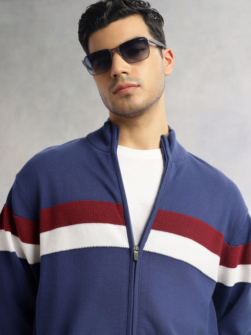 Thomas Scott Men Blue Regular Fit Long Sleeves High Neck Self Design 100% Cotton Knitted Sweatshirt