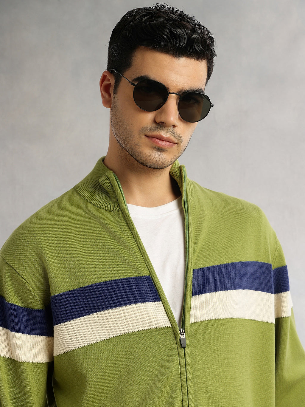 Thomas Scott Men Green Regular Fit Long Sleeves High Neck Self Design 100% Cotton Knitted Sweatshirt
