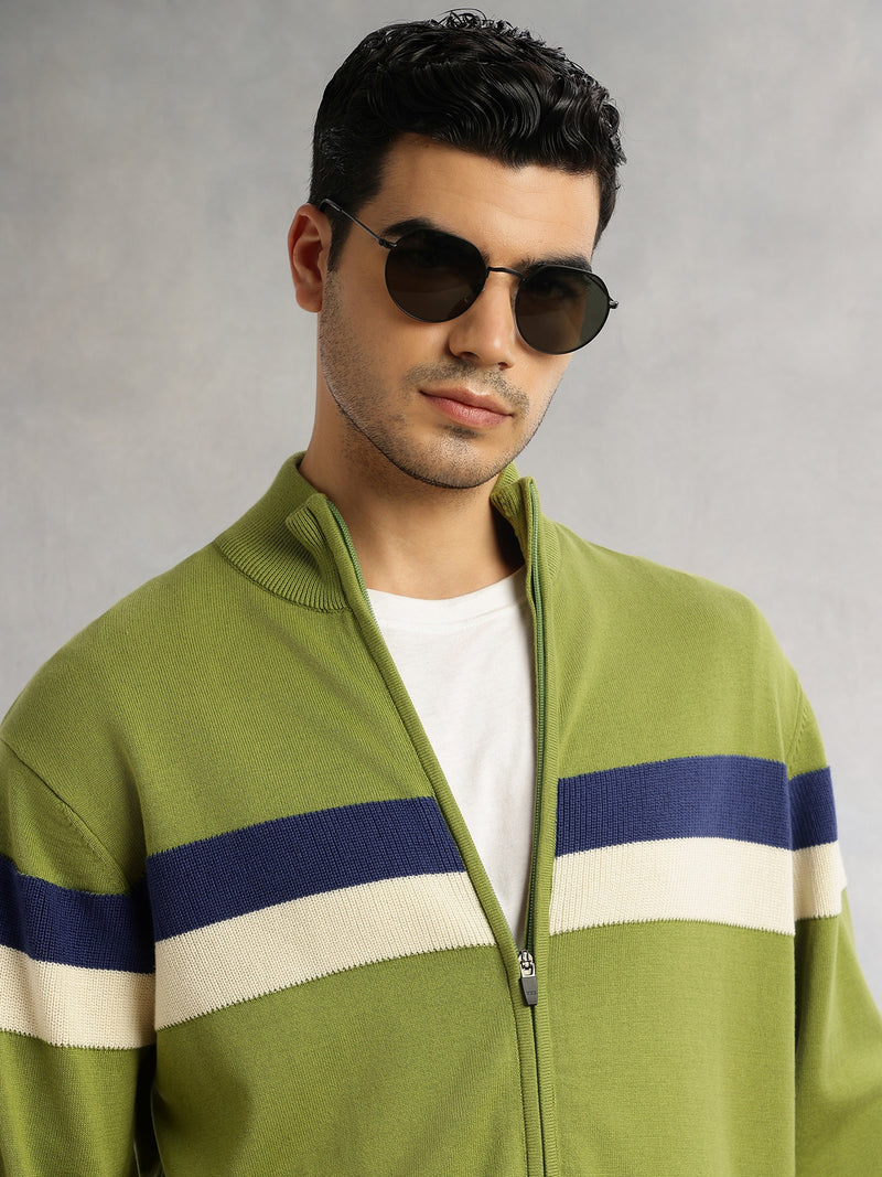 Thomas Scott Men Green Regular Fit Long Sleeves High Neck Self Design 100% Cotton Knitted Sweatshirt