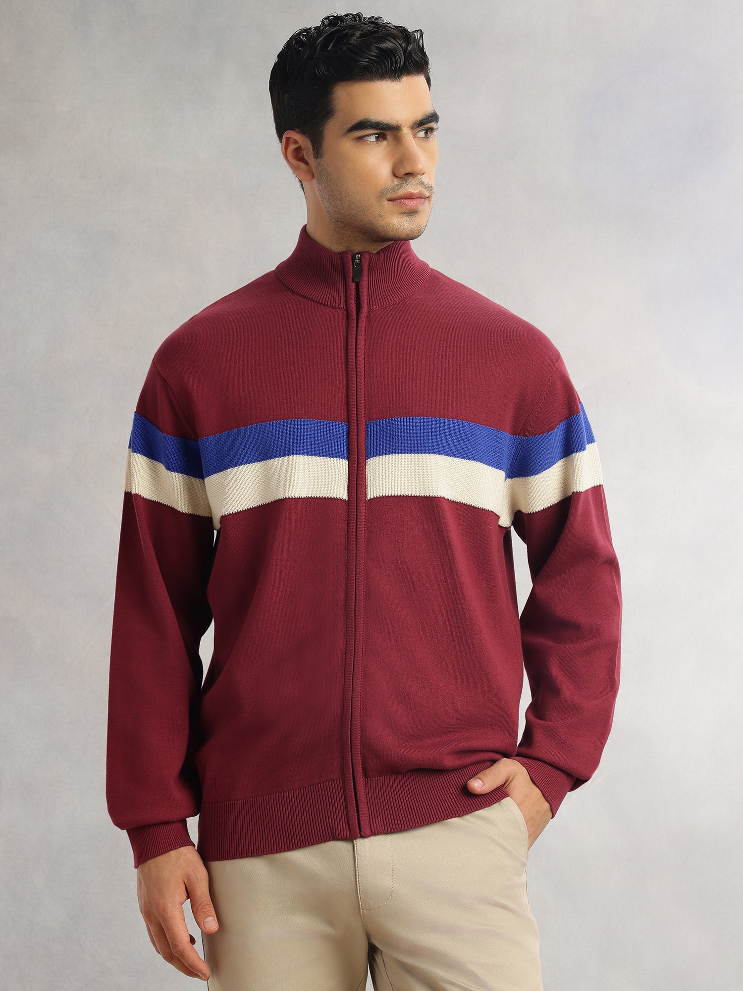 Thomas Scott Men Red Regular Fit Long Sleeves High Neck Self Design 100% Cotton Knitted Sweatshirt