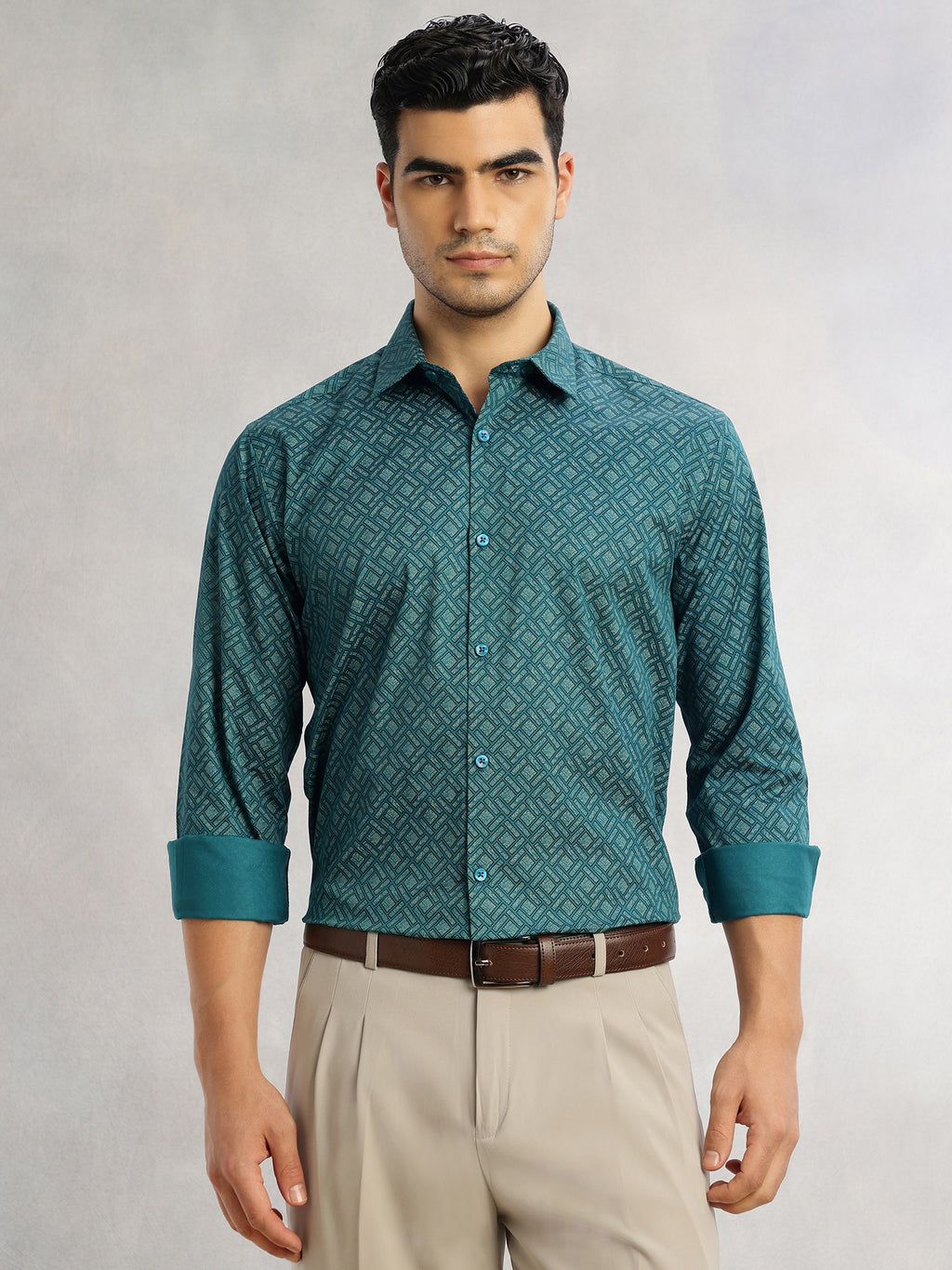Thomas Scott Men Teal Regular Fit Long Sleeves Spread Collar Geometric Printed 100% Cotton Formal Shirt