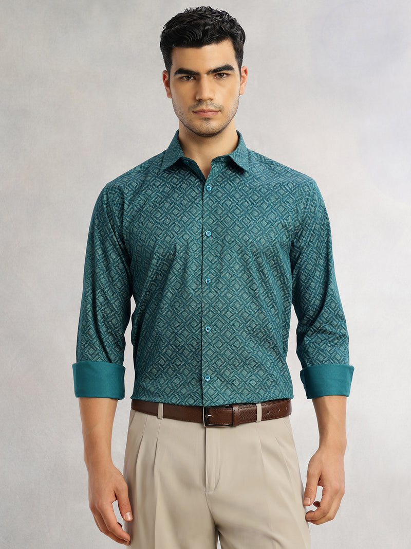 Thomas Scott Men Teal Regular Fit Long Sleeves Spread Collar Geometric Printed 100% Cotton Formal Shirt