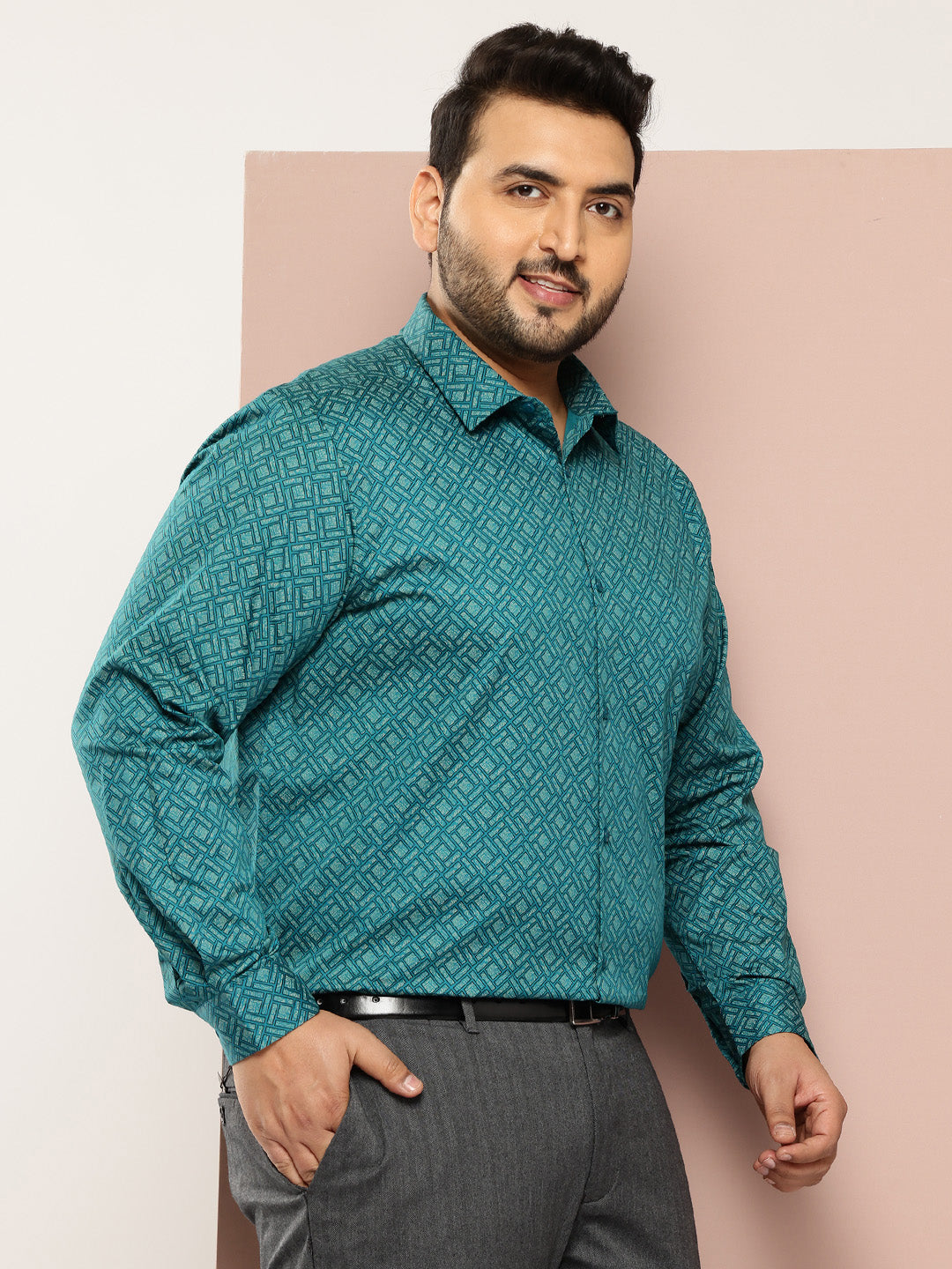 Thomas Scott Men Teal Plus Size Regular Fit Long Sleeves Spread Collar Geometric Printed 100% Cotton Formal Shirt
