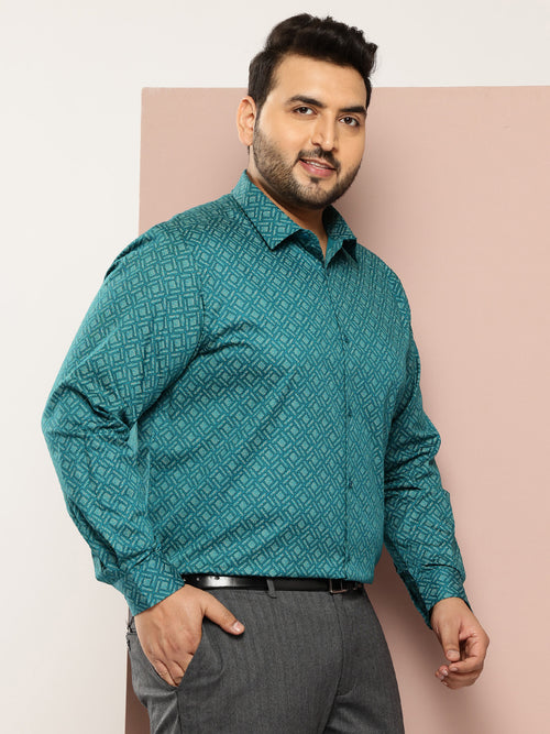 Thomas Scott Men Teal Plus Size Regular Fit Long Sleeves Spread Collar Geometric Printed 100% Cotton Formal Shirt